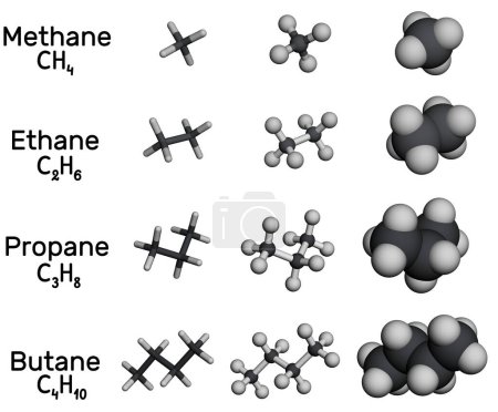 Metano, etano, propano, molécula de butano alcalino. Varios modelos moleculares 3D sobre fondo blanco. Representación 3D. Ilustración