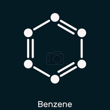 Téléchargez les photos : Benzène, molécule de benzol C6H6. Formule chimique squelettique sur fond bleu foncé. Illustration - en image libre de droit