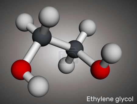 Ethylene glycol, diol molecule. Used for manufacture of polyester fibers and for antifreeze formulations. Molecular model. 3D rendering