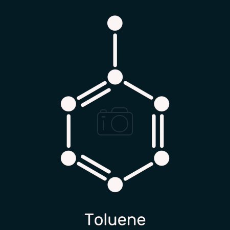 Toluène, molécule de toluol C7H8. Méthylbenzène, hydrocarbures aromatiques. Formule chimique squelettique sur fond bleu foncé. Illustration