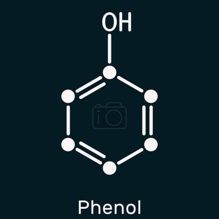 Fenol, molécula de ácido carbólico. Fórmula química esquelética en el fondo azul oscuro. Ilustración