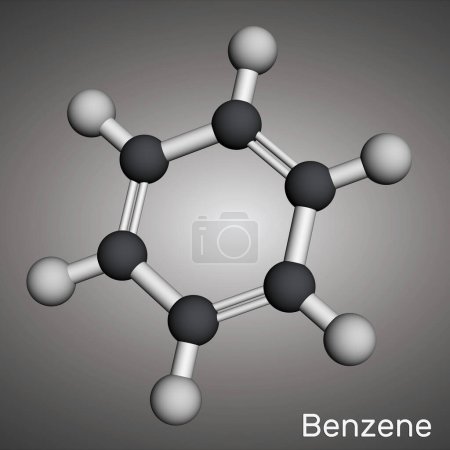 Téléchargez les photos : Benzène, molécule de benzol C6H6. Modèle moléculaire. rendu 3D. Illustration - en image libre de droit