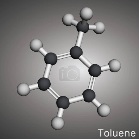 Toluol, Toluol C7H8 Molekül. Methylbenzol, aromatischer Kohlenwasserstoff. Molekulares Modell. 3D-Rendering. Illustration 