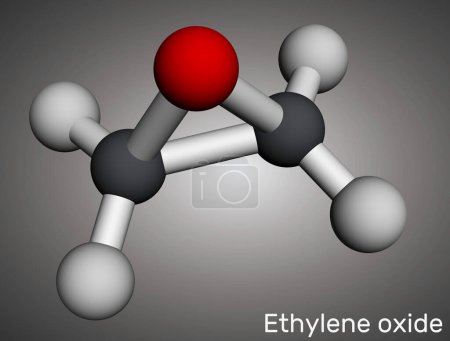 Óxido de etileno, molécula de oxirano C2H4O. Modelo molecular. Representación 3D. Ilustración