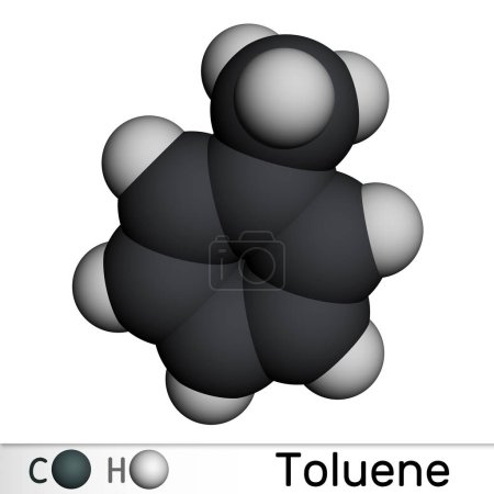 Tolueno, molécula de toluol C7H8. Metilbenceno, hidrocarburo aromático. Modelo molecular. Representación 3D. Ilustración 