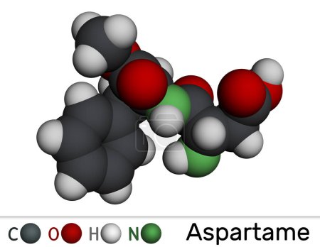 Aspartamo, APM, molécula. Sustituto de azúcar y E951. Modelo molecular. Representación 3D. Ilustración