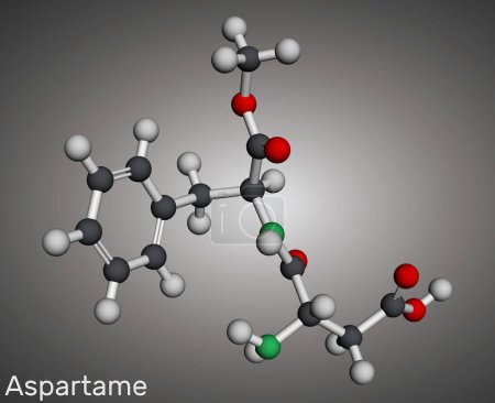 Aspartamo, APM, molécula. Sustituto de azúcar y E951. Modelo molecular. Representación 3D. Ilustración