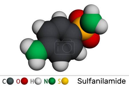 Sulfanilamida, molécula sulfanilamida. Es un medicamento antibacteriano. Modelo molecular. Representación 3D. Ilustración 