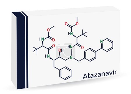 Téléchargez les illustrations : Molécule d'atazanavir. C'est un médicament antirétroviral, utilisé pour le traitement du VIH. Formule chimique squelettique. Emballage de papier pour drogues. Illustration vectorielle - en licence libre de droit