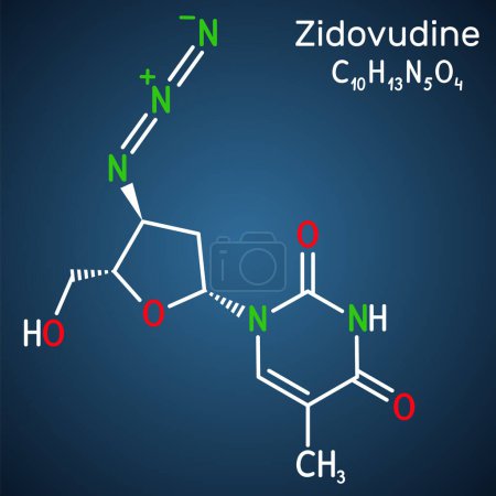 Téléchargez les illustrations : Zidovudine, ZDV, azidothymidine, molécule AZT. Il s'agit d'un didésoxynucléoside synthétique, utilisé dans le traitement du VIH et du sida. Formule chimique structurelle sur le fond bleu foncé. Illustration vectorielle - en licence libre de droit