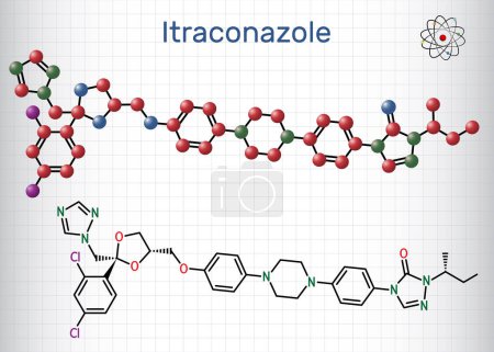 Ilustración de Molécula de itraconazol. Es medicamento antifúngico triazol utilizado para el tratamiento de diversas infecciones fúngicas. Modelo molecular. Hoja de papel en una jaula. Ilustración vectorial - Imagen libre de derechos