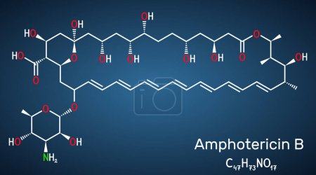 Ilustración de Molécula de anfotericina B. Es antifúngico utilizado para tratar infecciones fúngicas. Química estructural sobre fondo azul oscuro. Ilustración vectorial - Imagen libre de derechos