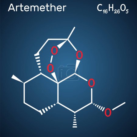 Ilustración de Molécula de arteméter. Se utiliza para el tratamiento de la malaria. Fórmula química estructural sobre el fondo azul oscuro. Ilustración vectorial - Imagen libre de derechos