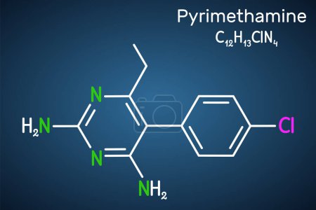 Téléchargez les illustrations : Molécule de pyriméthamine. C'est un médicament antiparasitaire, utilisé dans le traitement de la toxoplasmose, le paludisme. Formule chimique structurelle sur le fond bleu foncé. Illustration vectorielle - en licence libre de droit