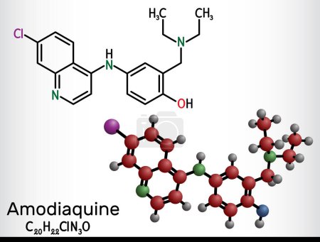 Illustration for Amodiaquine, ADQ molecule. It is aminoquinoline, used for the therapy of malaria. Structural chemical formula, molecule model. Vector illustration - Royalty Free Image