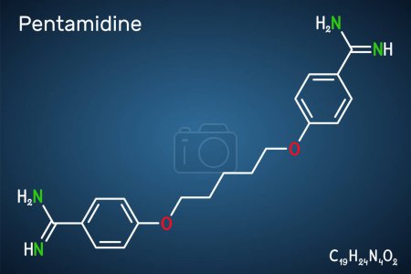 Ilustración de Molécula de pentamidina. Es un medicamento antimicrobiano y antifúngico. Se utiliza para tratar la neumonía por Pneumocystis en pacientes infectados por el VIH. Fórmula química estructural sobre fondo azul oscuro. Ilustración vectorial - Imagen libre de derechos