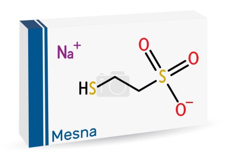 Ilustración de Molécula de Mesna. Se utiliza para reducir los efectos negativos de algunos medicamentos contra el cáncer en la vejiga. Fórmula química esquelética. Envases de papel para medicamentos. Ilustración vectorial - Imagen libre de derechos