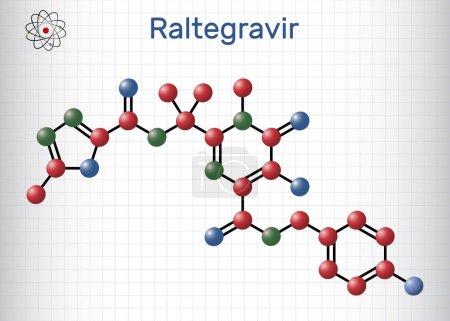 Ilustración de Raltegravir, molécula RAL. Es un medicamento antirretroviral, utilizado para tratar el VIH, el SIDA. Fórmula química estructural y modelo molecular. Hoja de papel en una jaula. Ilustración vectorial - Imagen libre de derechos