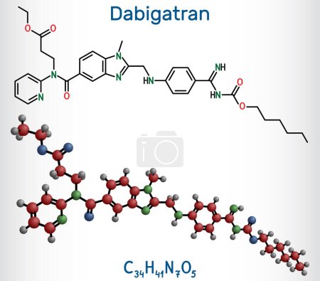 Ilustración de Molécula de Dabigatrán. Es medicación anticoagulante. Fórmula química estructural y modelo molecular. Ilustración vectorial - Imagen libre de derechos