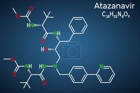 Téléchargez les illustrations : Molécule d'atazanavir. C'est un médicament antirétroviral, utilisé pour le traitement du VIH. Formule chimique structurelle sur le fond bleu foncé. Illustration vectorielle - en licence libre de droit