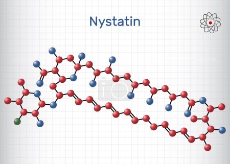 Illustration for Nystatin molecule. It is polyene ionophore antifungal medication with fungicidal, fungistatic activity for treatment of Candida infections. Molecule model. Sheet of paper in a cage. Vector illustration - Royalty Free Image