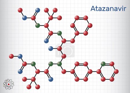 Téléchargez les illustrations : Molécule d'atazanavir. C'est un médicament antirétroviral, utilisé pour le traitement du VIH. Modèle moléculaire. Feuille de papier en cage. Illustration vectorielle - en licence libre de droit