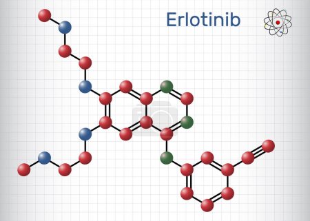 Ilustración de Erlotinib molécula de drogas. Se utiliza para tratar el cáncer de pulmón, el CPCNP y el cáncer de páncreas. Fórmula química estructural, modelo molecular. Hoja de papel en una jaula. Ilustración vectorial - Imagen libre de derechos