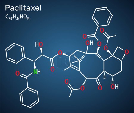 Téléchargez les illustrations : Paclitaxel, molécule PTX. Il est un agent chimiothérapeutique taxoïde utilisé pour le traitement du cancer de l'ovaire, du sein et du poumon. Formule chimique structurelle sur le fond bleu foncé. Illustration vectorielle - en licence libre de droit