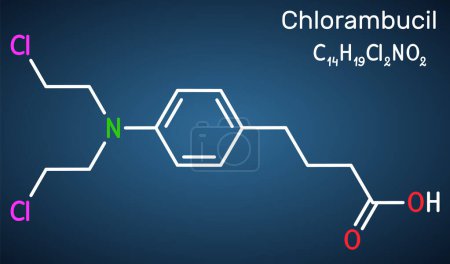 Illustration for Chlorambucil molecule. It is chemotherapy agent used in the treatment of lymphocytic leukemia, malignant lymphomas. Structural chemical formula on the dark blue background. Vector illustration - Royalty Free Image
