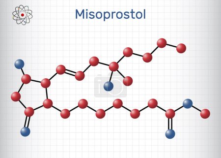 Illustration for Misoprostol molecule. It is prostaglandin E1 analogue, used to treat stomach, duodenal ulcers, induce labor, cause abortion. Structural chemical formula, molecule model. Sheet of paper in cage. Vector illustration - Royalty Free Image