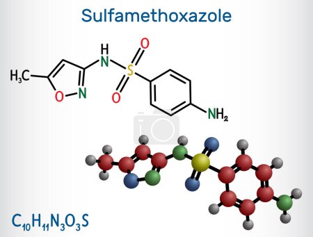 Téléchargez les illustrations : Sulfaméthoxazole, SMZ, molécule SMX. C'est un antibiotique sulfonamide, utilisé pour les infections bactériennes. Formule chimique structurelle, modèle moléculaire. Illustration vectorielle - en licence libre de droit