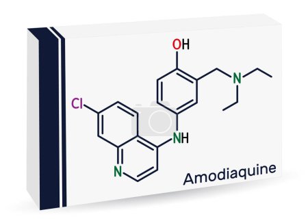 Illustration for Amodiaquine, ADQ molecule. It is aminoquinoline, used for the therapy of malaria. Skeletal chemical formula. Paper packaging for drugs. Vector illustration - Royalty Free Image
