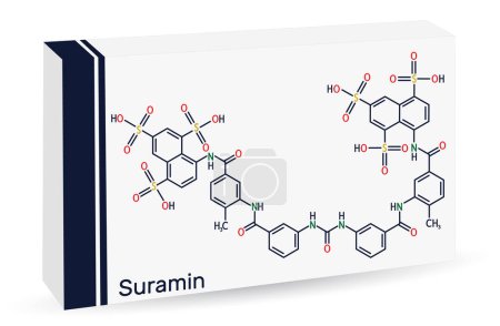 Illustration for Suramin drug molecule. It is used to treat African sleeping sickness and river blindness. Skeletal chemical formula. Paper packaging for drugs. Vector illustration - Royalty Free Image