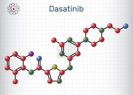 Illustration for Dasatinib molecule. It is used to treat of myelogenous leukemia, CML, and acute lymphoblastic leukemia, ALL. Structural chemical formula, molecule model. Sheet of paper in a cage. Vector illustration - Royalty Free Image