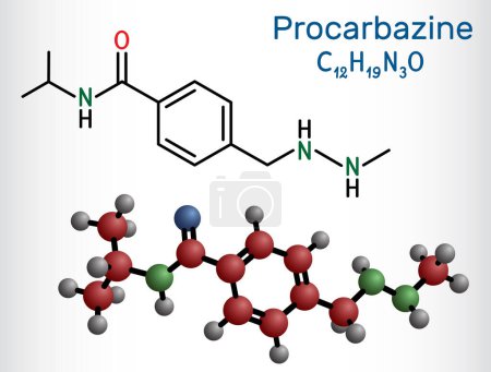 Illustration for Procarbazine chemotherapy medication molecule. It is used in therapy of Hodgkin's lymphoma, malignant melanoma. Structural chemical formula, molecule model. Vector illustration - Royalty Free Image