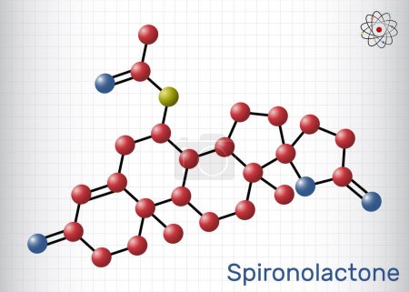 Illustration for Spironolactone molecule. It is aldosterone receptor antagonist used for the treatment of hypertension, hyperaldosteronism, edema. Structural chemical formula, molecule model. Sheet of paper in a cage. Vector illustration - Royalty Free Image