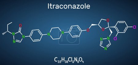 Ilustración de Molécula de itraconazol. Es medicamento antifúngico triazol utilizado para el tratamiento de diversas infecciones fúngicas. Fórmula química estructural sobre el fondo azul oscuro. Ilustración vectorial - Imagen libre de derechos