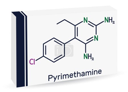 Ilustración de Molécula de pirimetamina. Es un medicamento antiparasitario, utilizado en el tratamiento de la toxoplasmosis, malaria. Fórmula química esquelética. Envases de papel para medicamentos. Ilustración vectorial - Imagen libre de derechos
