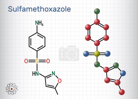 Téléchargez les illustrations : Sulfaméthoxazole, SMZ, molécule SMX. C'est un antibiotique sulfonamide, utilisé pour les infections bactériennes. Formule chimique structurelle, modèle moléculaire. Feuille de papier en cage. Illustration vectorielle - en licence libre de droit