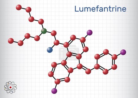 Illustration for Lumefantrine, benflumetol molecule. It is used for the treatment of malaria. Structural chemical formula, molecule model. Sheet of paper in a cage. Vector illustration - Royalty Free Image