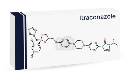 Ilustración de Molécula de itraconazol. Es medicamento antifúngico triazol utilizado para el tratamiento de diversas infecciones fúngicas. Fórmula química esquelética. Envases de papel para medicamentos. Ilustración vectorial - Imagen libre de derechos