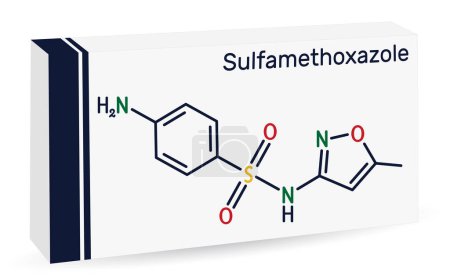 Téléchargez les illustrations : Sulfaméthoxazole, SMZ, molécule SMX. C'est un antibiotique sulfonamide, utilisé pour les infections bactériennes. Formule chimique squelettique. Emballage de papier pour drogues. Illustration vectorielle - en licence libre de droit