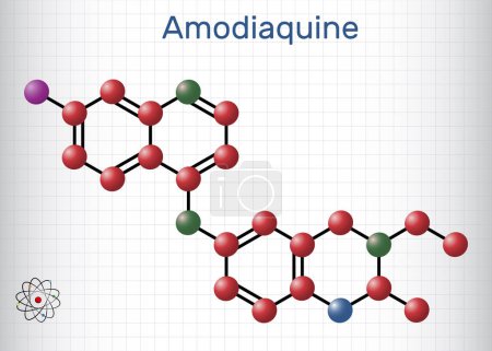 Illustration for Amodiaquine, ADQ molecule. It is aminoquinoline, used for the therapy of malaria. Structural chemical formula, molecule model. Sheet of paper in a cage. Vector illustration - Royalty Free Image