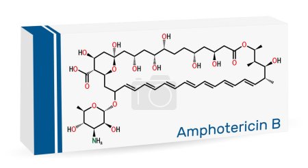 Ilustración de Molécula de anfotericina B. Es antifúngico utilizado para tratar infecciones fúngicas. Fórmula química esquelética. Envases de papel para medicamentos. Ilustración vectorial - Imagen libre de derechos
