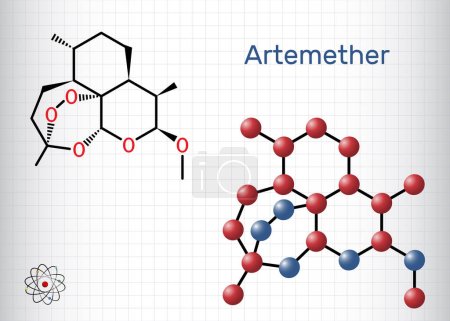 Illustration for Artemether molecule. It is used for the treatment of malaria. Structural chemical formula and molecule model. Sheet of paper in a cage. Vector illustration - Royalty Free Image