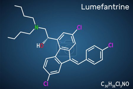 Ilustración de Lumefantrina, molécula de benflumetol. Se utiliza para el tratamiento de la malaria. Fórmula química estructural sobre el fondo azul oscuro. Ilustración vectorial - Imagen libre de derechos