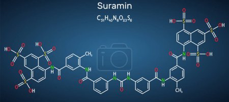 Téléchargez les illustrations : Molécule de Suramin Drug. Il est utilisé pour traiter la maladie du sommeil africaine et la cécité des rivières. Formule chimique structurelle sur le fond bleu foncé. Illustration vectorielle - en licence libre de droit