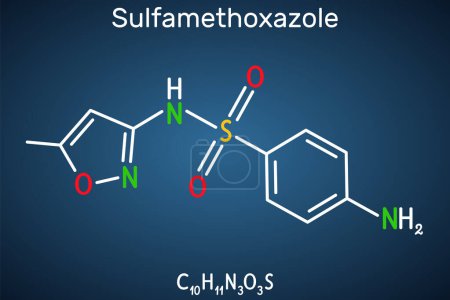 Téléchargez les illustrations : Sulfaméthoxazole, SMZ, molécule SMX. C'est un antibiotique sulfonamide, utilisé pour les infections bactériennes. Formule chimique structurelle sur le fond bleu foncé. Illustration vectorielle - en licence libre de droit