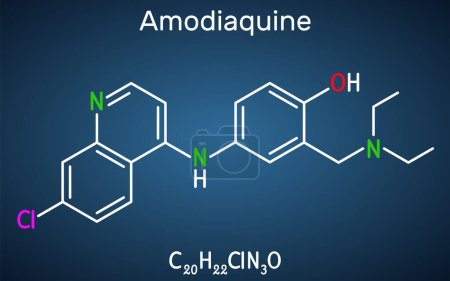 Illustration for Amodiaquine, ADQ molecule. It is aminoquinoline, used for the therapy of malaria. Structural chemical formula on the dark blue background. Vector illustration - Royalty Free Image