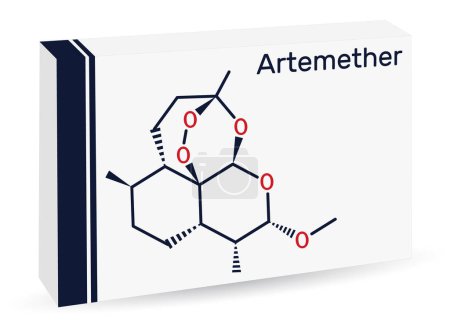 Illustration for Artemether molecule. It is used for the treatment of malaria. Skeletal chemical formula. Paper packaging for drugs. Vector illustration - Royalty Free Image
